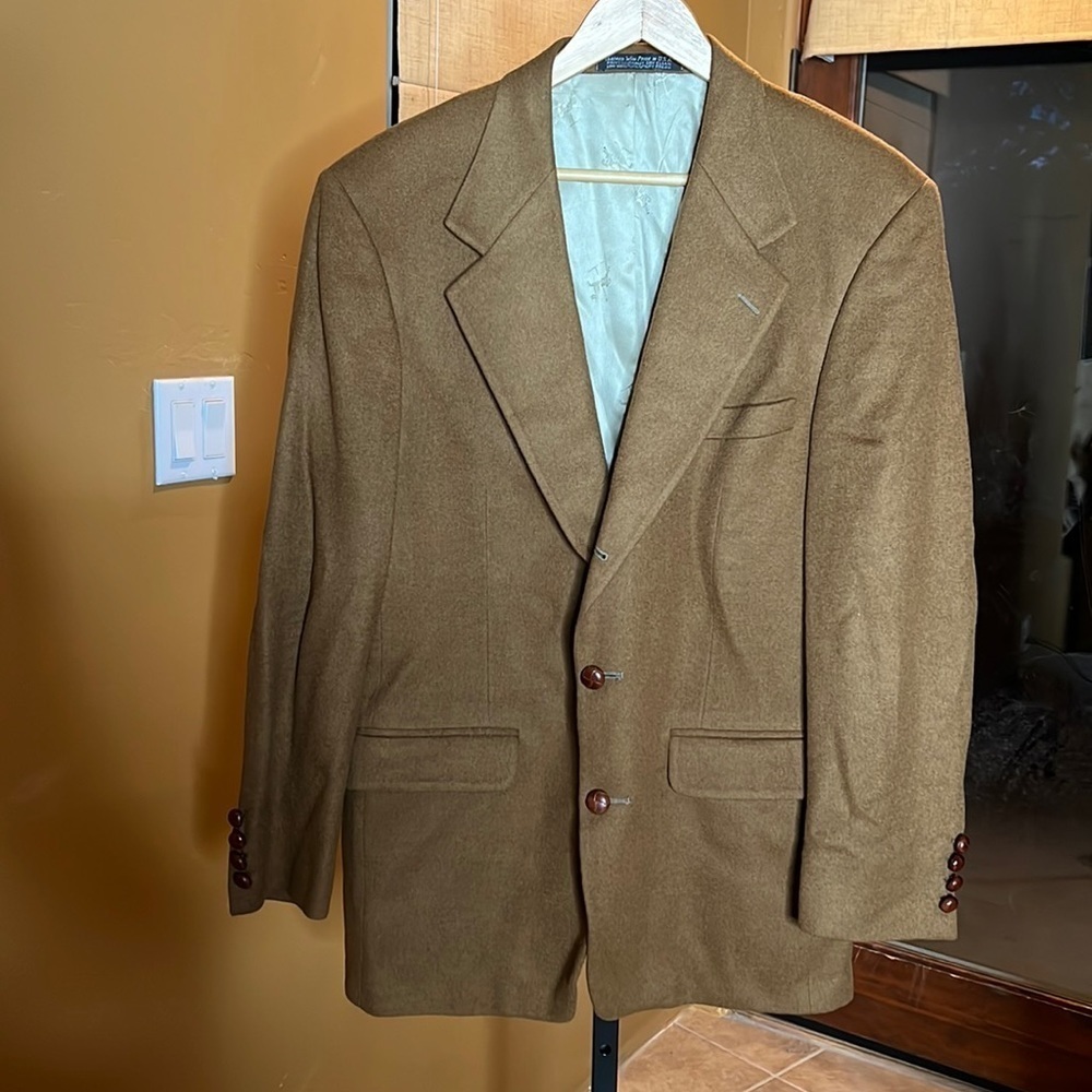 Harold Powell Brown Camel Hair Suit Jacket W/ Leather Woven Buttons Size 40r